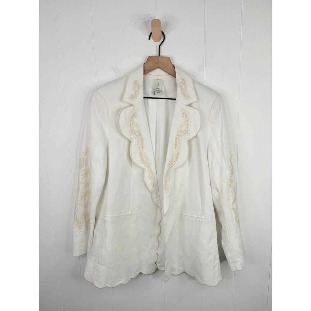 Joie | Linen Blend Embroidered Scallop Edge Blazer Jacket Small Ivory White - Picture 2 of 10